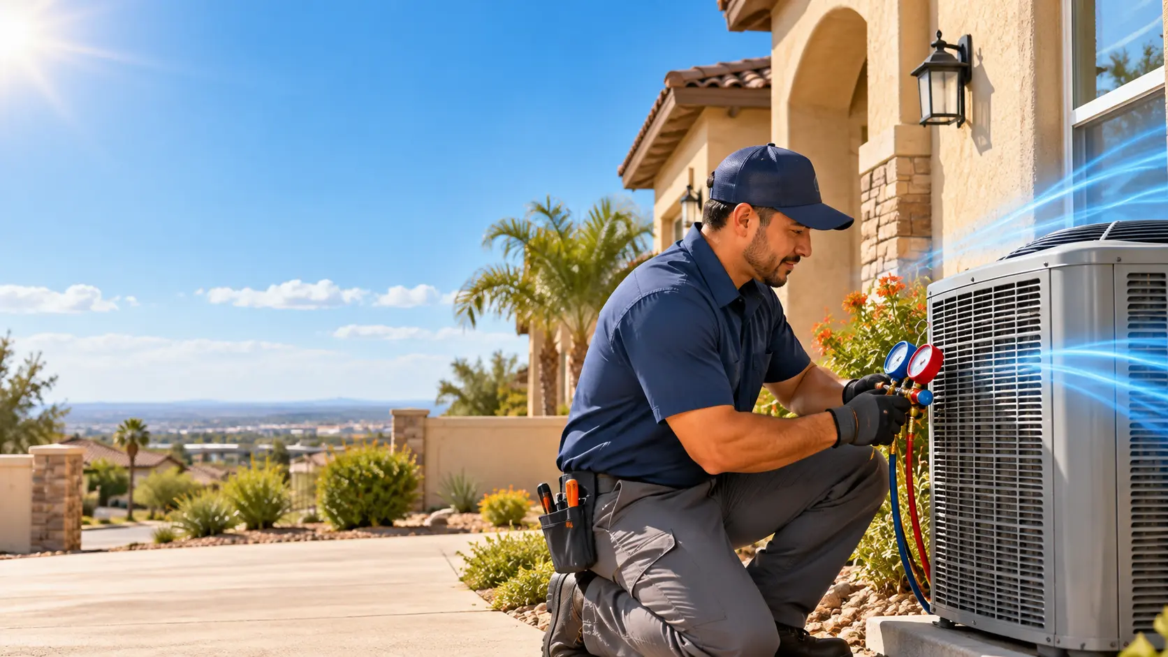 Air conditioning service technician checking refrigerant pressures at an outdoor condenser beside a South Texas home
