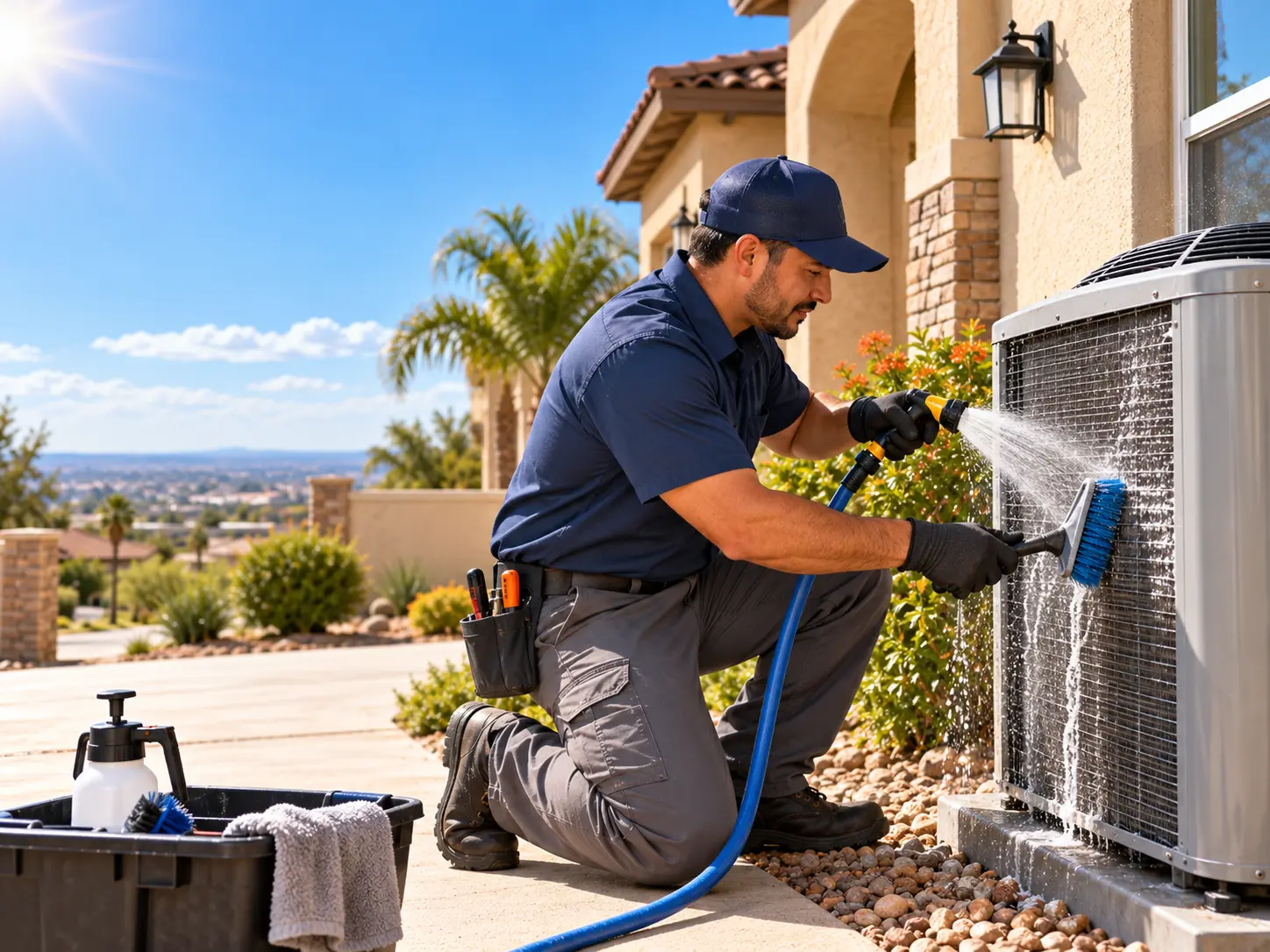 Condenser coil being rinsed and brushed during air conditioning maintenance at a home